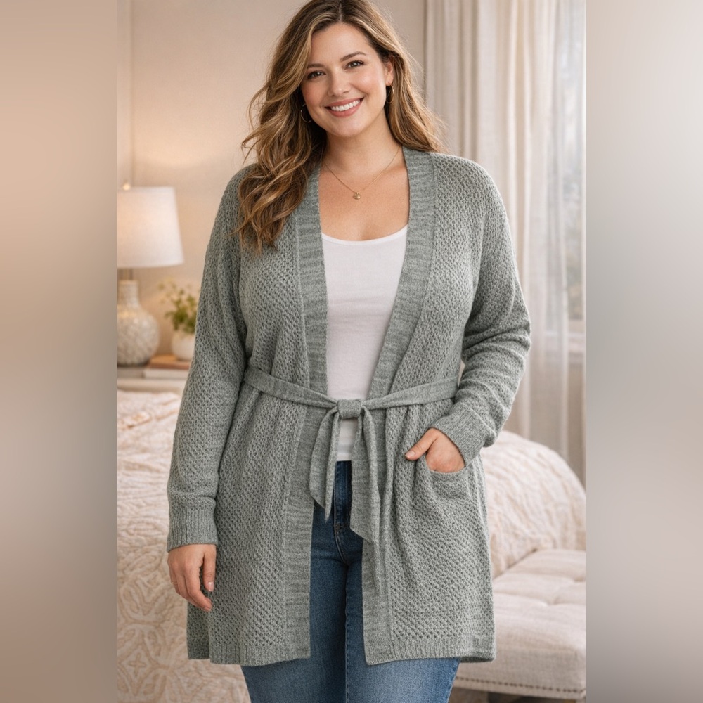 Catherines Grey Knit Tie-Front Cardigan – Size 2X